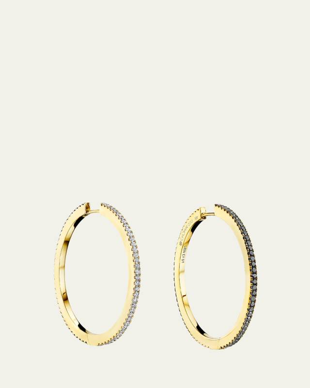 18K Gold SOLO Hoop Earrings with White Diamonds and Black Diamonds, Large 38mm